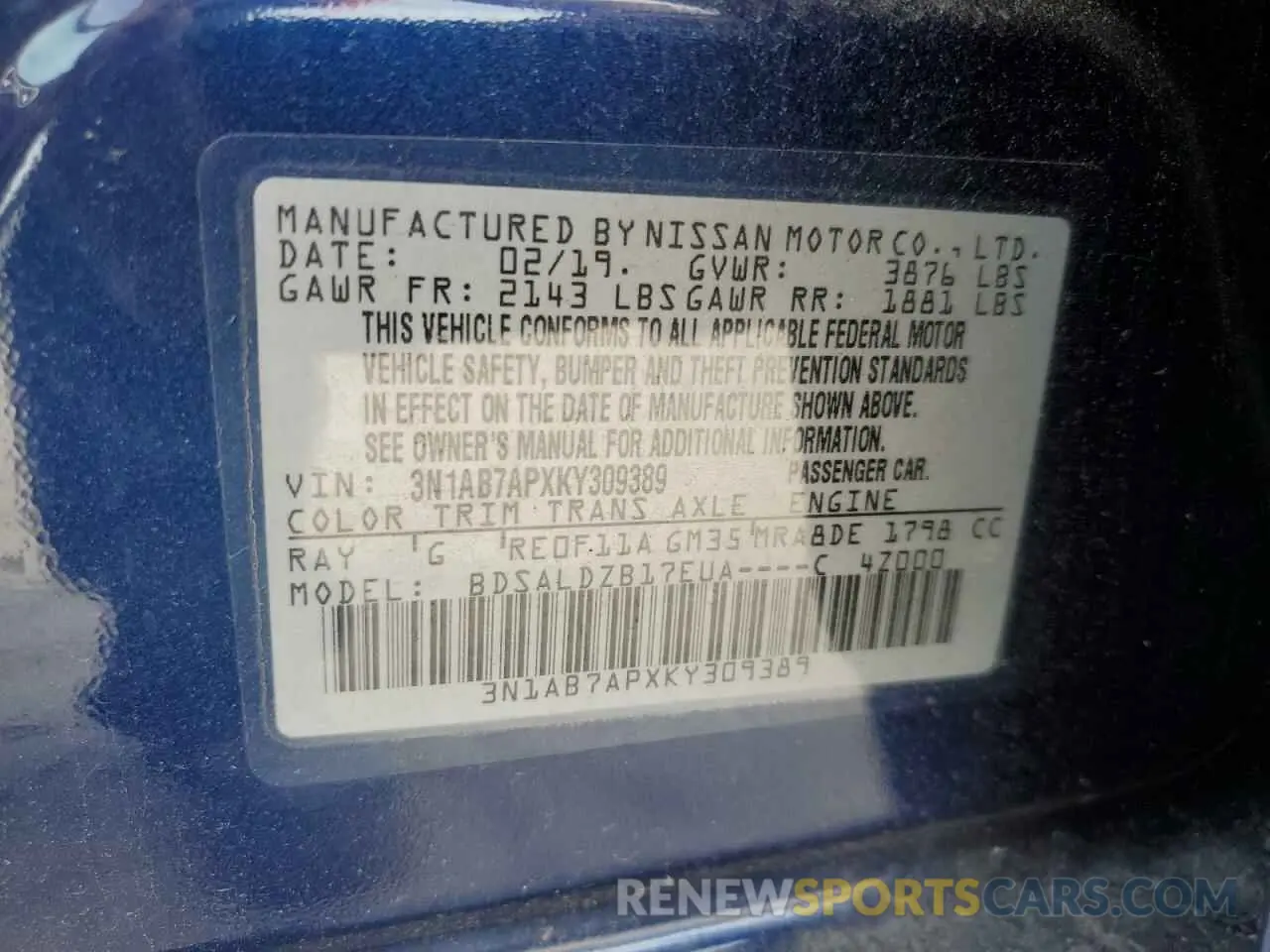 13 Photograph of a damaged car 3N1AB7APXKY309389 NISSAN SENTRA 2019