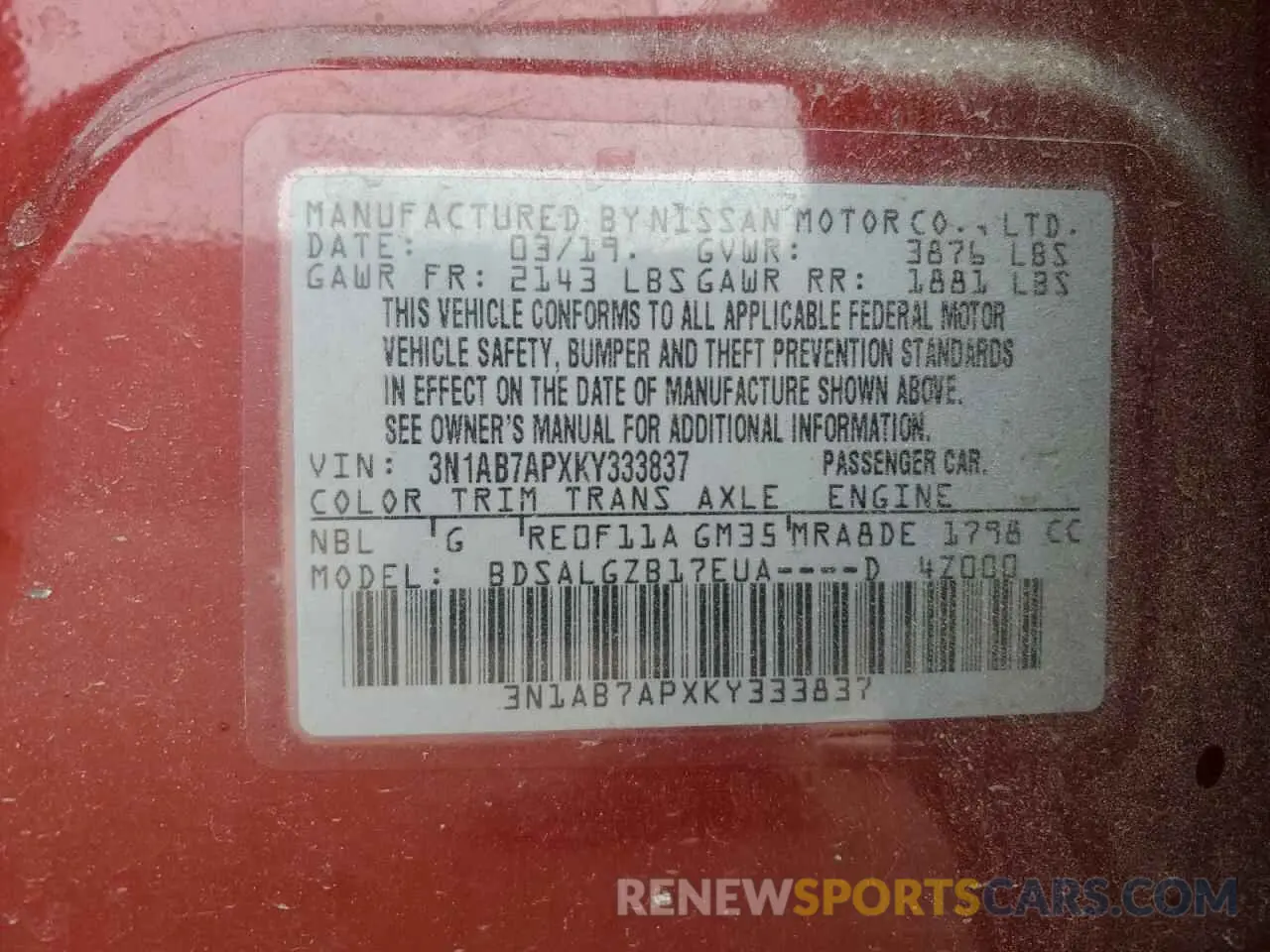 13 Photograph of a damaged car 3N1AB7APXKY333837 NISSAN SENTRA 2019