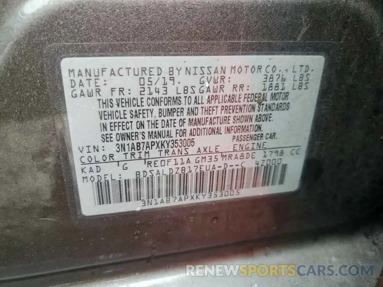 14 Photograph of a damaged car 3N1AB7APXKY353005 NISSAN SENTRA 2019