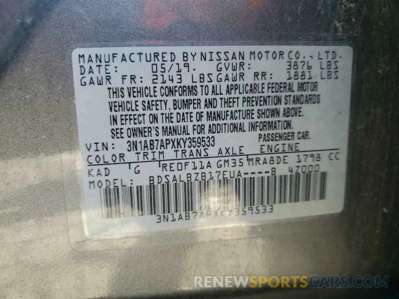 12 Photograph of a damaged car 3N1AB7APXKY359533 NISSAN SENTRA 2019