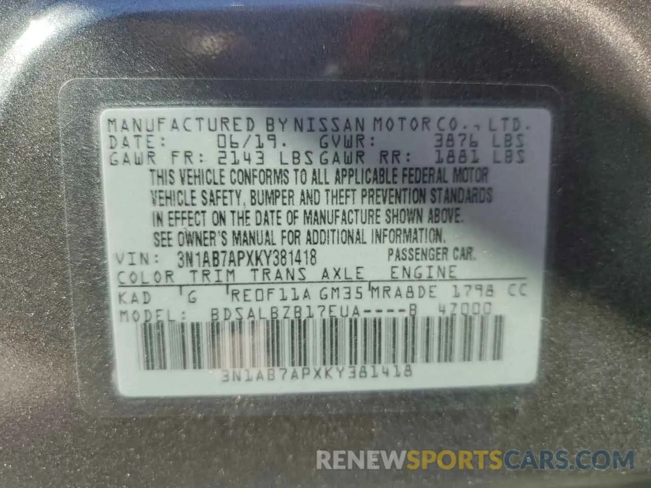 12 Photograph of a damaged car 3N1AB7APXKY381418 NISSAN SENTRA 2019