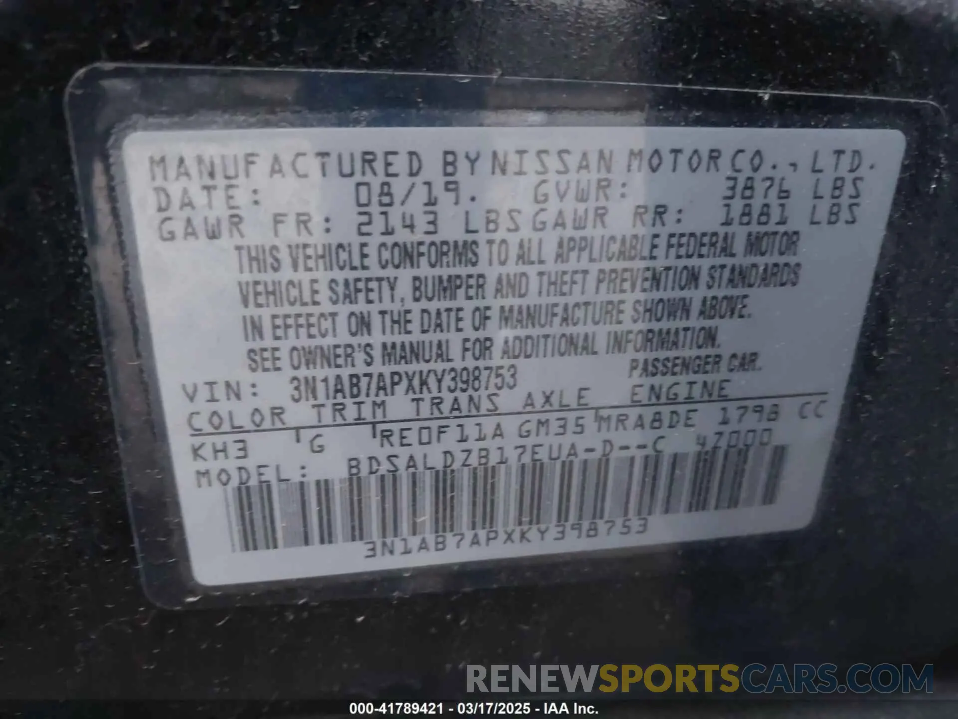 9 Photograph of a damaged car 3N1AB7APXKY398753 NISSAN SENTRA 2019