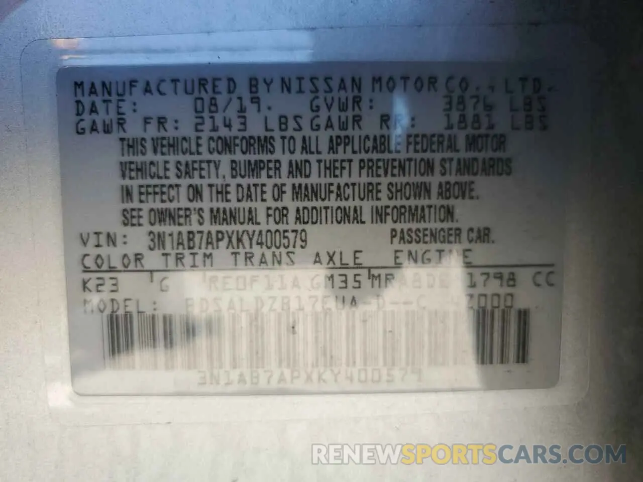 12 Photograph of a damaged car 3N1AB7APXKY400579 NISSAN SENTRA 2019
