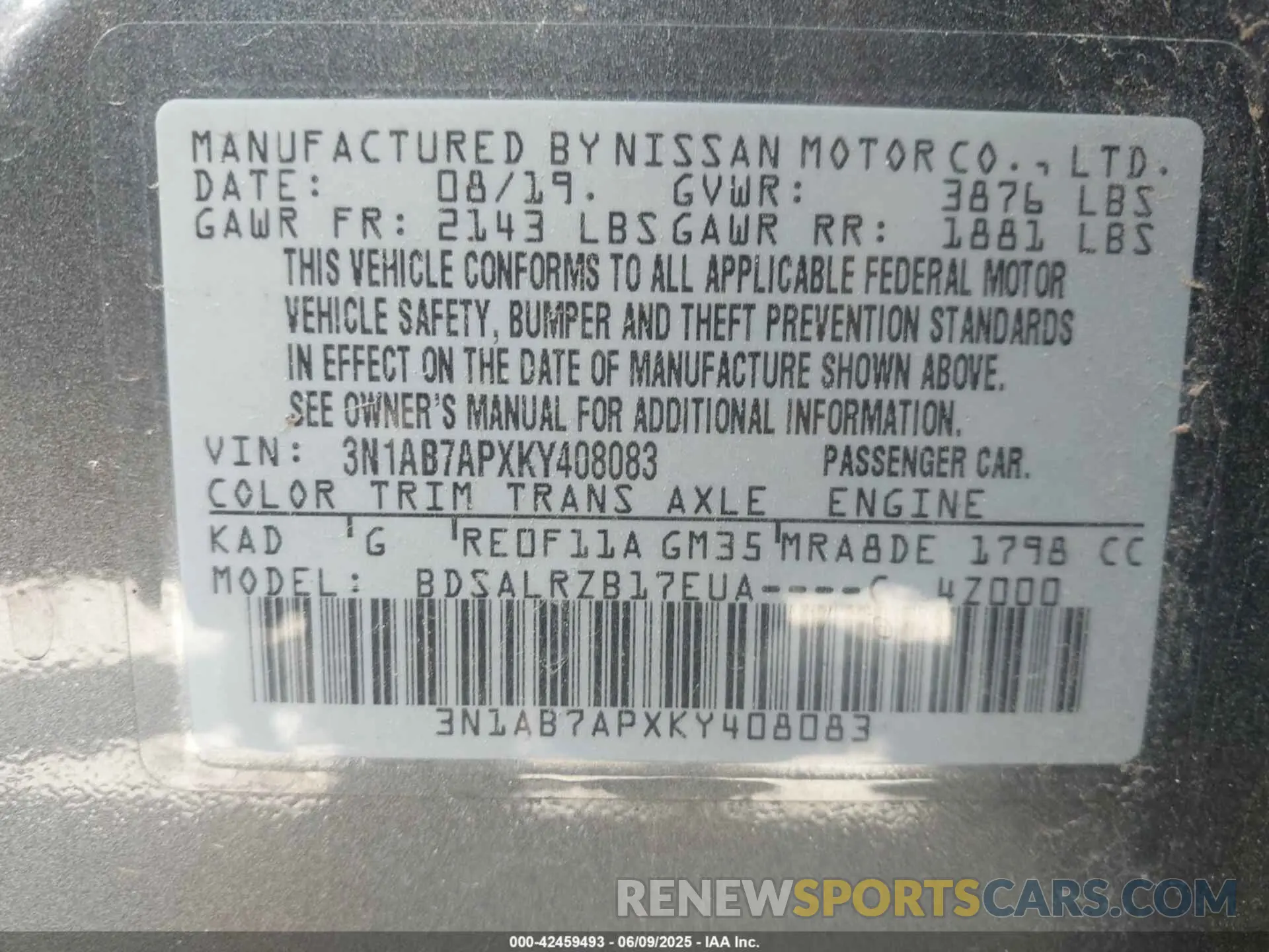 9 Photograph of a damaged car 3N1AB7APXKY408083 NISSAN SENTRA 2019