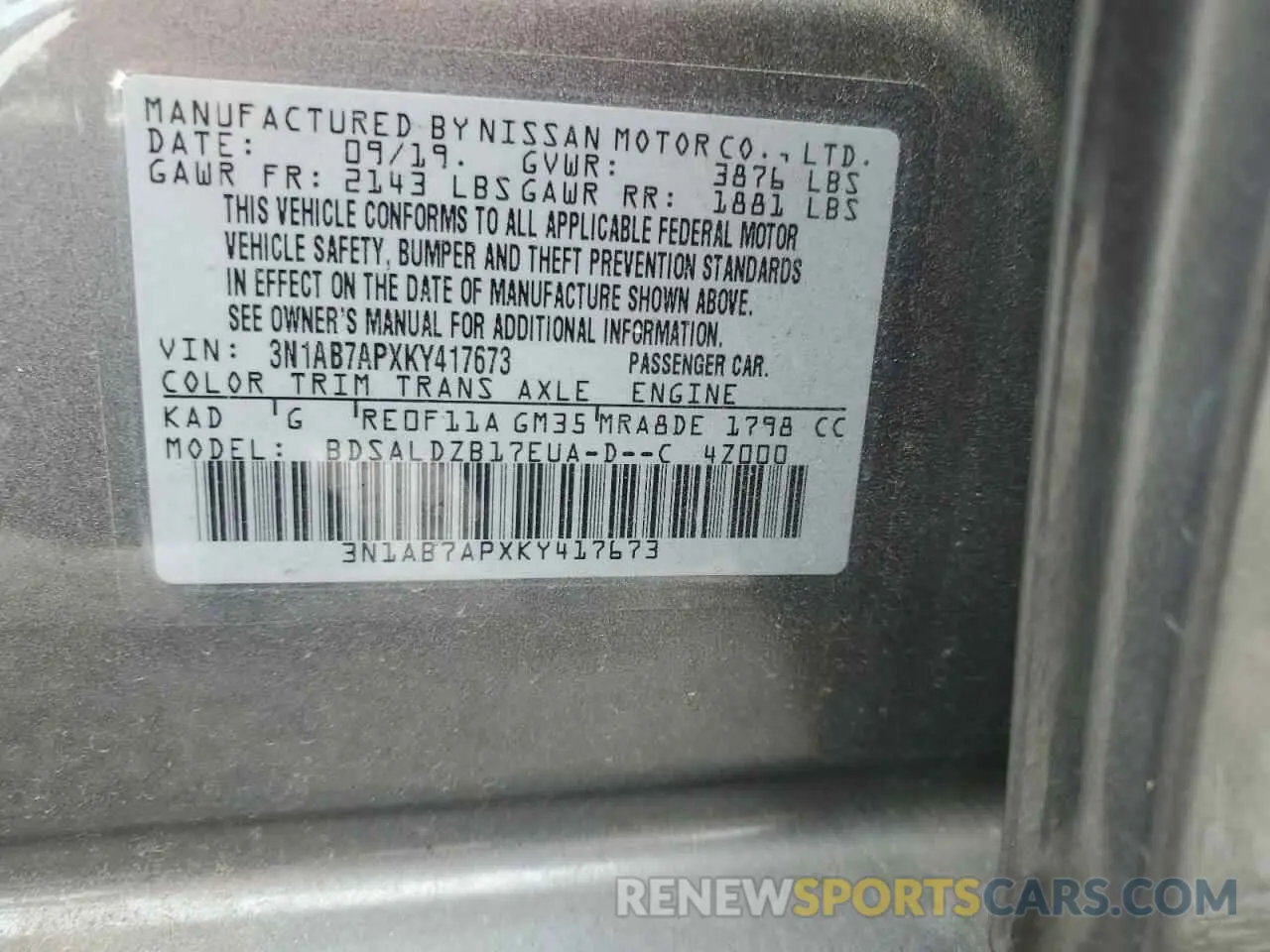 14 Photograph of a damaged car 3N1AB7APXKY417673 NISSAN SENTRA 2019
