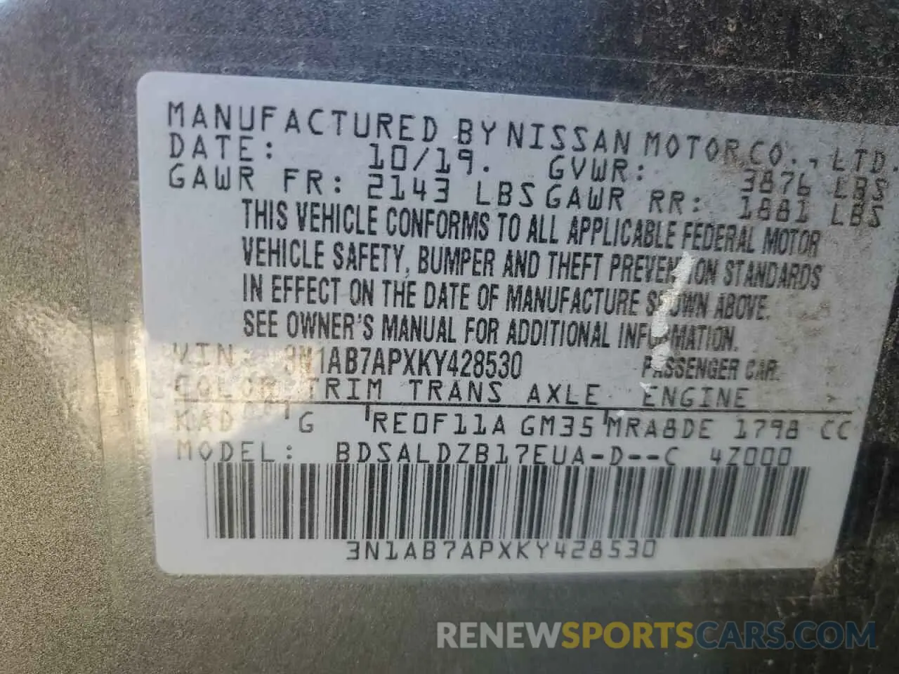 12 Photograph of a damaged car 3N1AB7APXKY428530 NISSAN SENTRA 2019