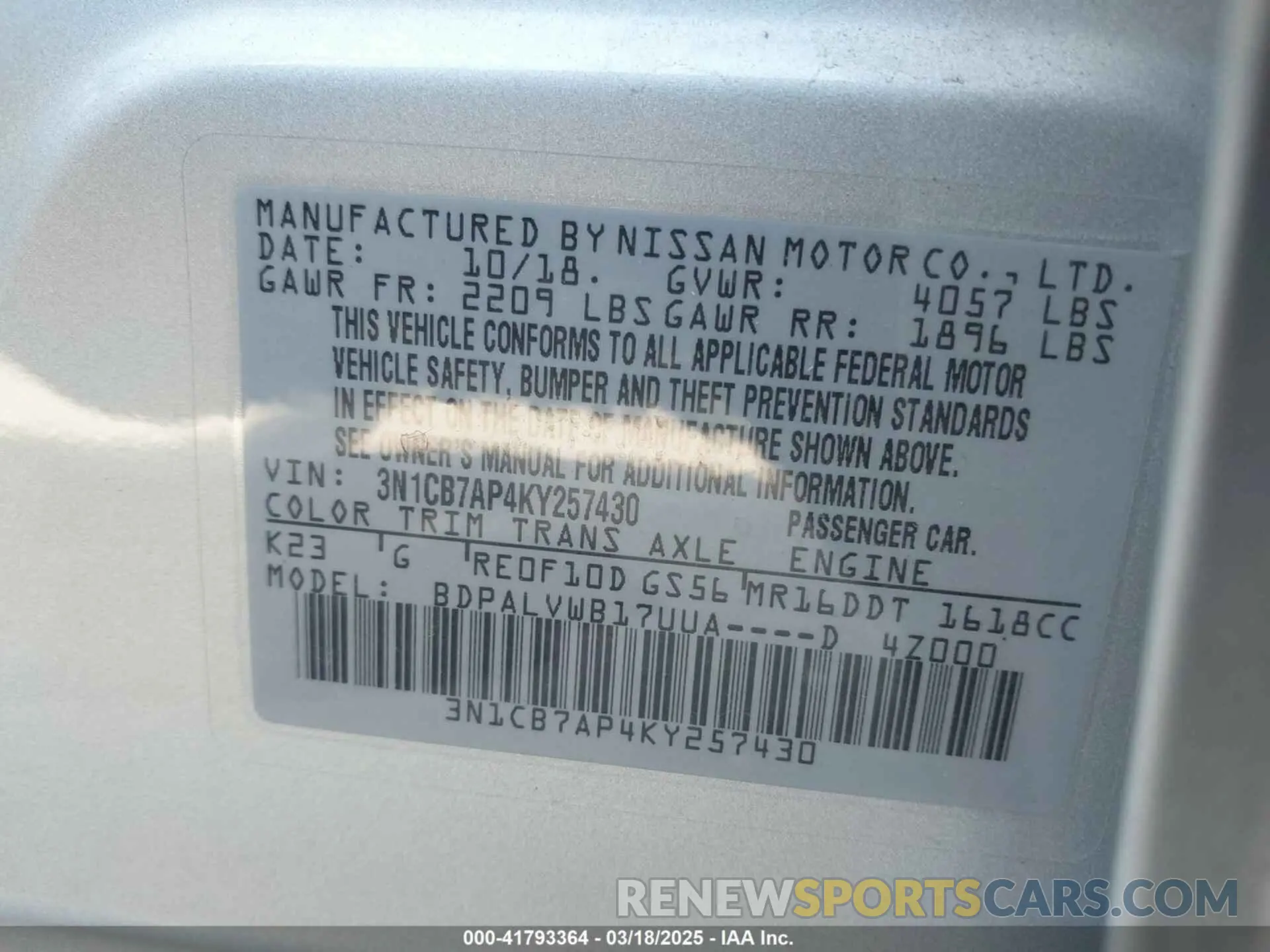 9 Photograph of a damaged car 3N1CB7AP4KY257430 NISSAN SENTRA 2019