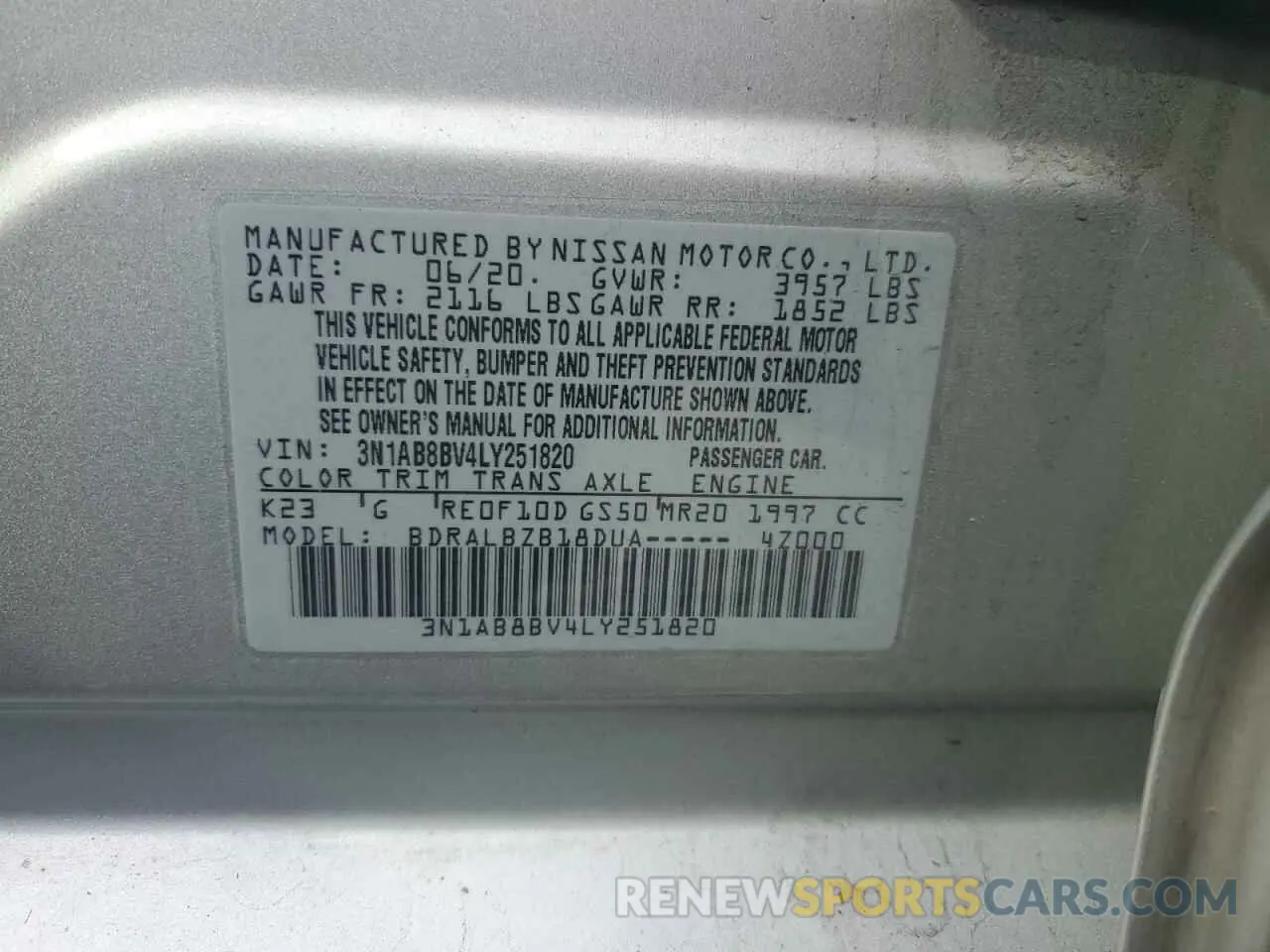 12 Photograph of a damaged car 3N1AB8BV4LY251820 NISSAN SENTRA 2020
