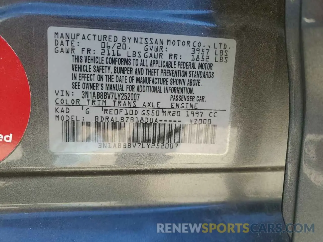 12 Photograph of a damaged car 3N1AB8BV7LY252007 NISSAN SENTRA 2020
