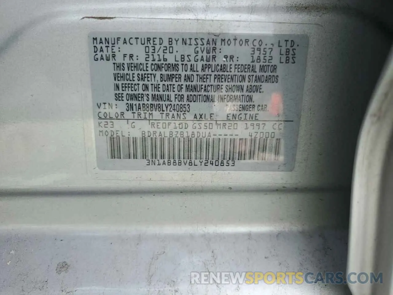 14 Photograph of a damaged car 3N1AB8BV8LY240853 NISSAN SENTRA 2020