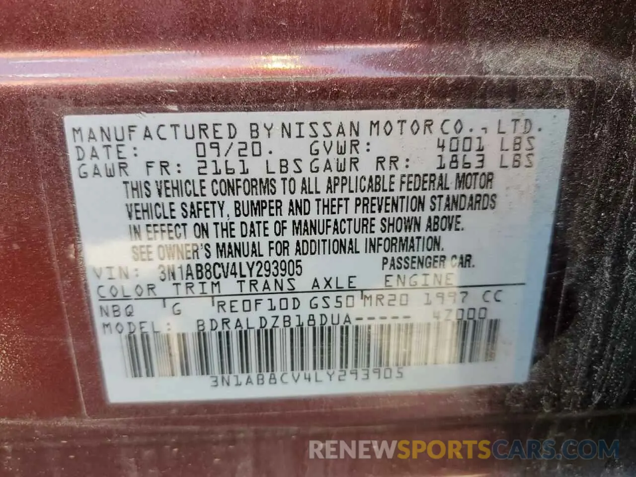 13 Photograph of a damaged car 3N1AB8CV4LY293905 NISSAN SENTRA 2020