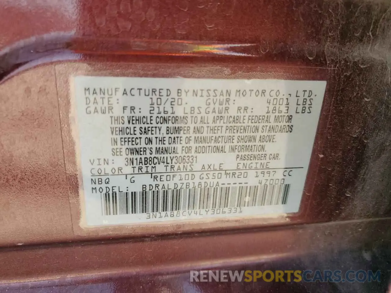 13 Photograph of a damaged car 3N1AB8CV4LY306331 NISSAN SENTRA 2020