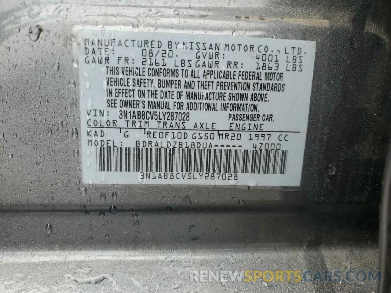 12 Photograph of a damaged car 3N1AB8CV5LY287028 NISSAN SENTRA 2020