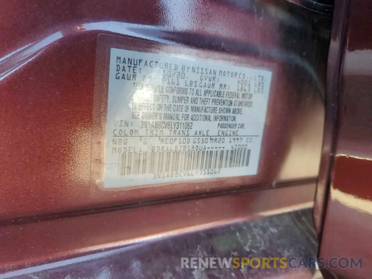 12 Photograph of a damaged car 3N1AB8CV6LY311062 NISSAN SENTRA 2020