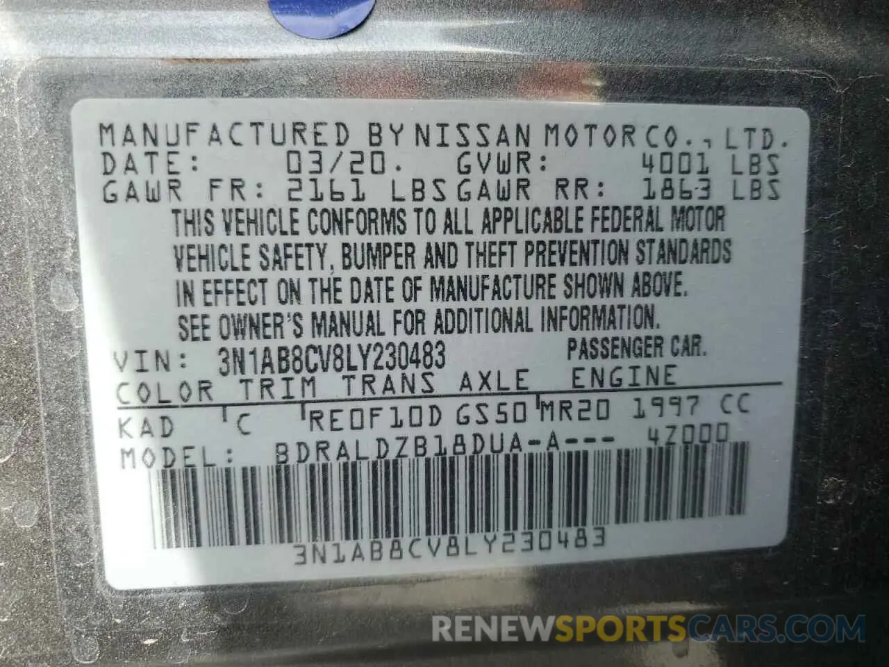 13 Photograph of a damaged car 3N1AB8CV8LY230483 NISSAN SENTRA 2020