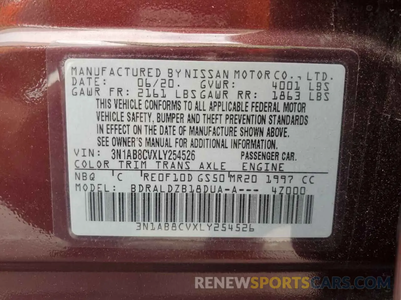 13 Photograph of a damaged car 3N1AB8CVXLY254526 NISSAN SENTRA 2020