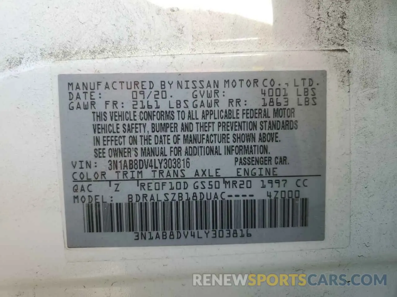 13 Photograph of a damaged car 3N1AB8DV4LY303816 NISSAN SENTRA 2020