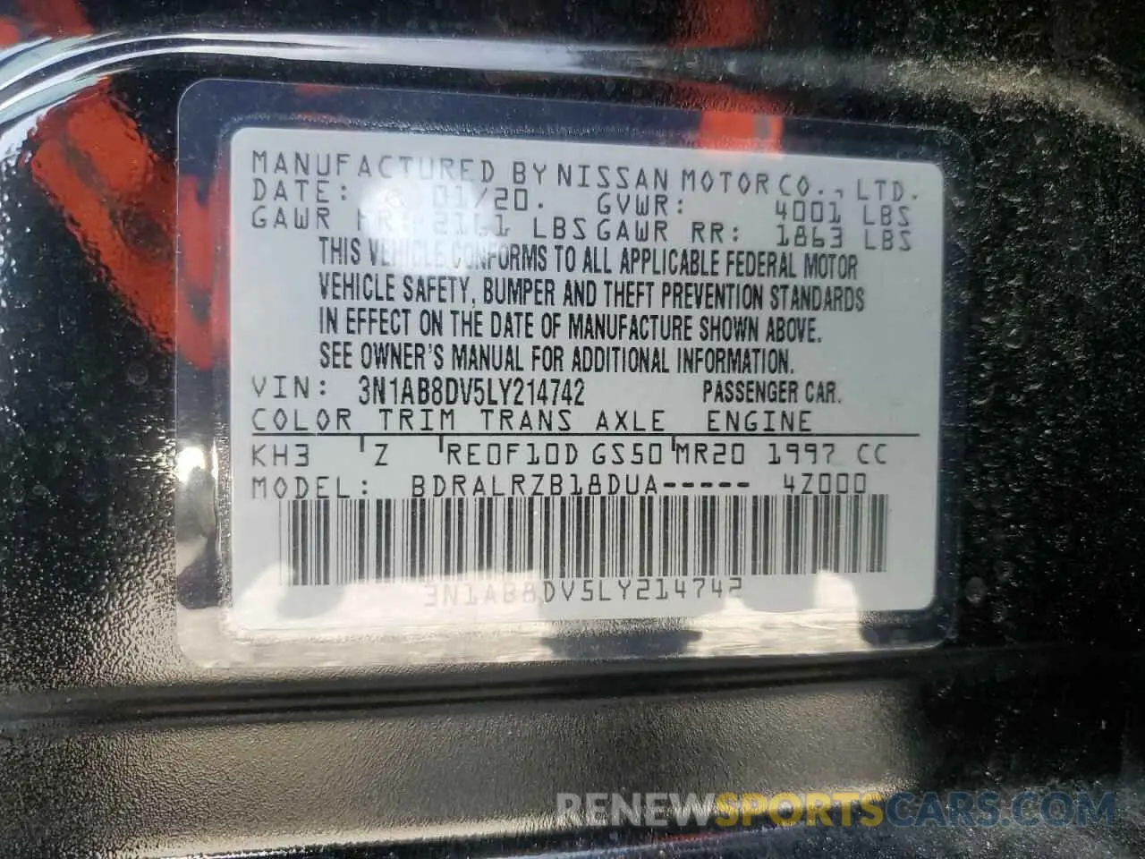 13 Photograph of a damaged car 3N1AB8DV5LY214742 NISSAN SENTRA 2020
