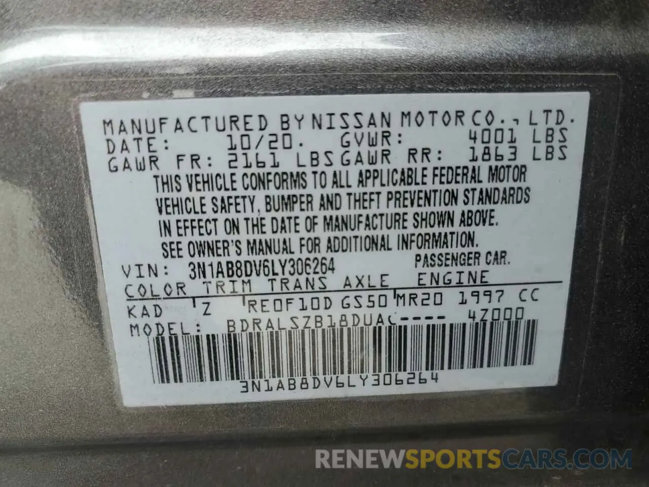 12 Photograph of a damaged car 3N1AB8DV6LY306264 NISSAN SENTRA 2020