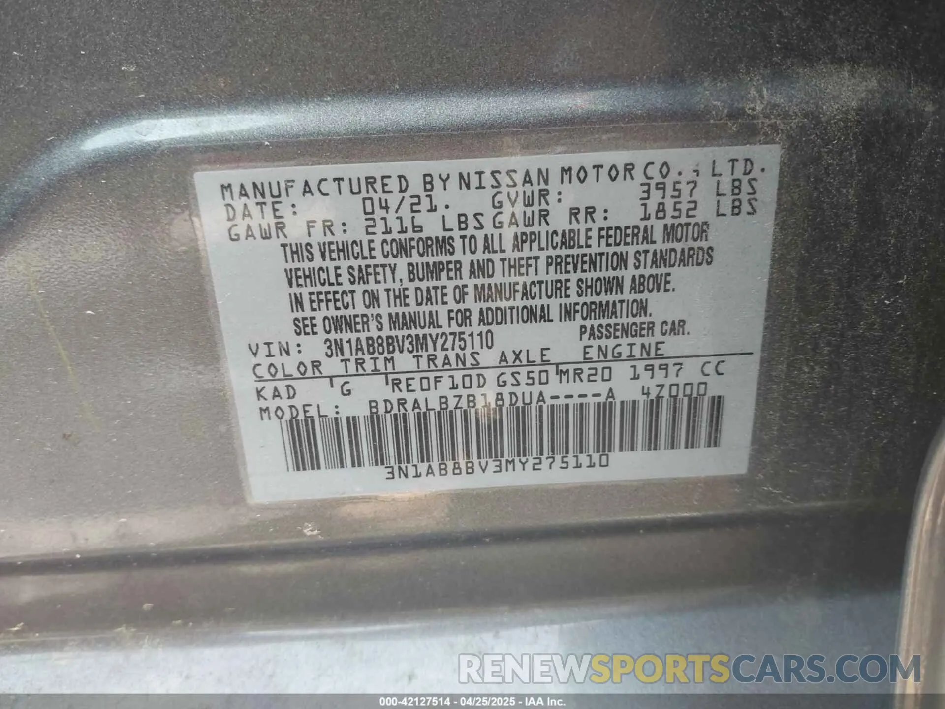 9 Photograph of a damaged car 3N1AB8BV3MY275110 NISSAN SENTRA 2021