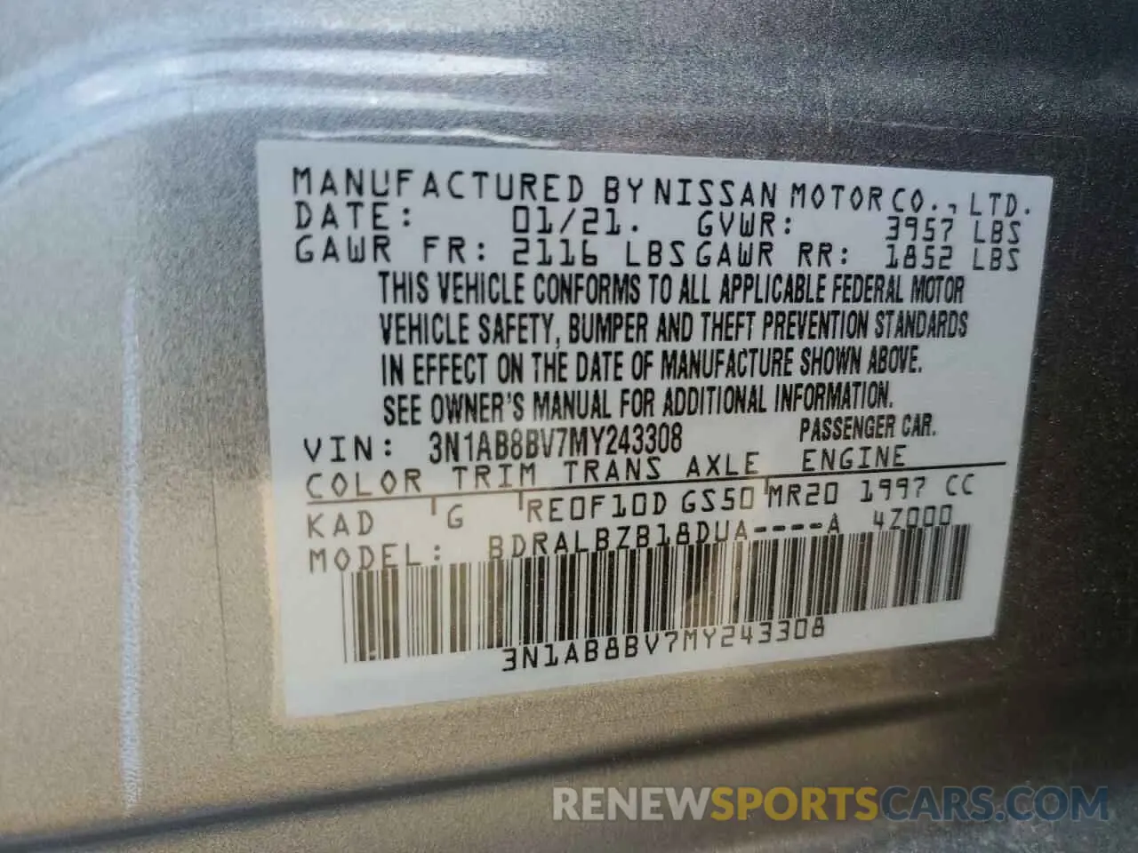 12 Photograph of a damaged car 3N1AB8BV7MY243308 NISSAN SENTRA 2021