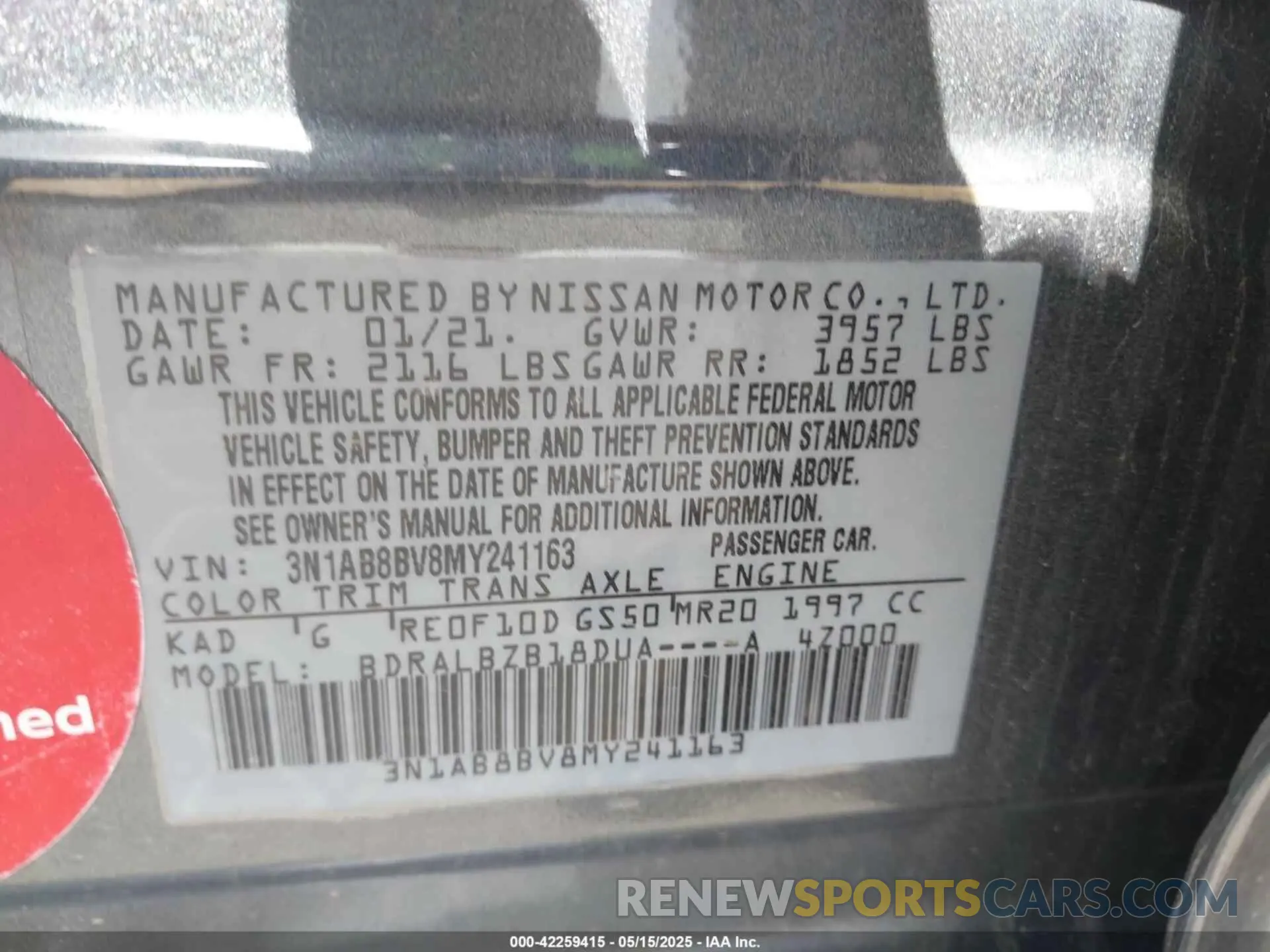 9 Photograph of a damaged car 3N1AB8BV8MY241163 NISSAN SENTRA 2021