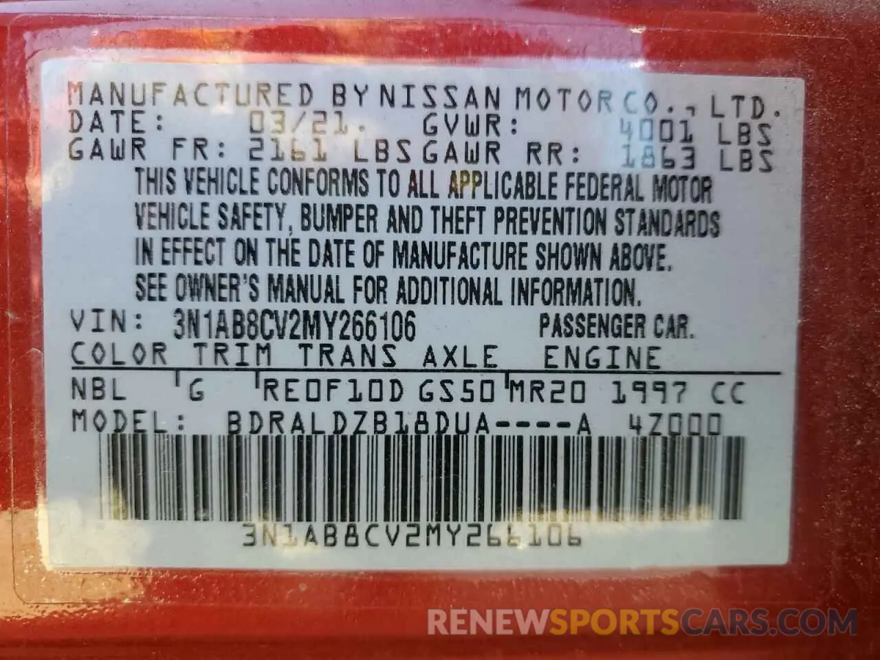 13 Photograph of a damaged car 3N1AB8CV2MY266106 NISSAN SENTRA 2021