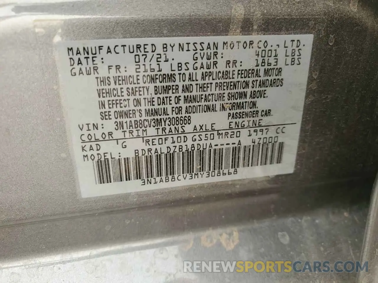14 Photograph of a damaged car 3N1AB8CV3MY308668 NISSAN SENTRA 2021