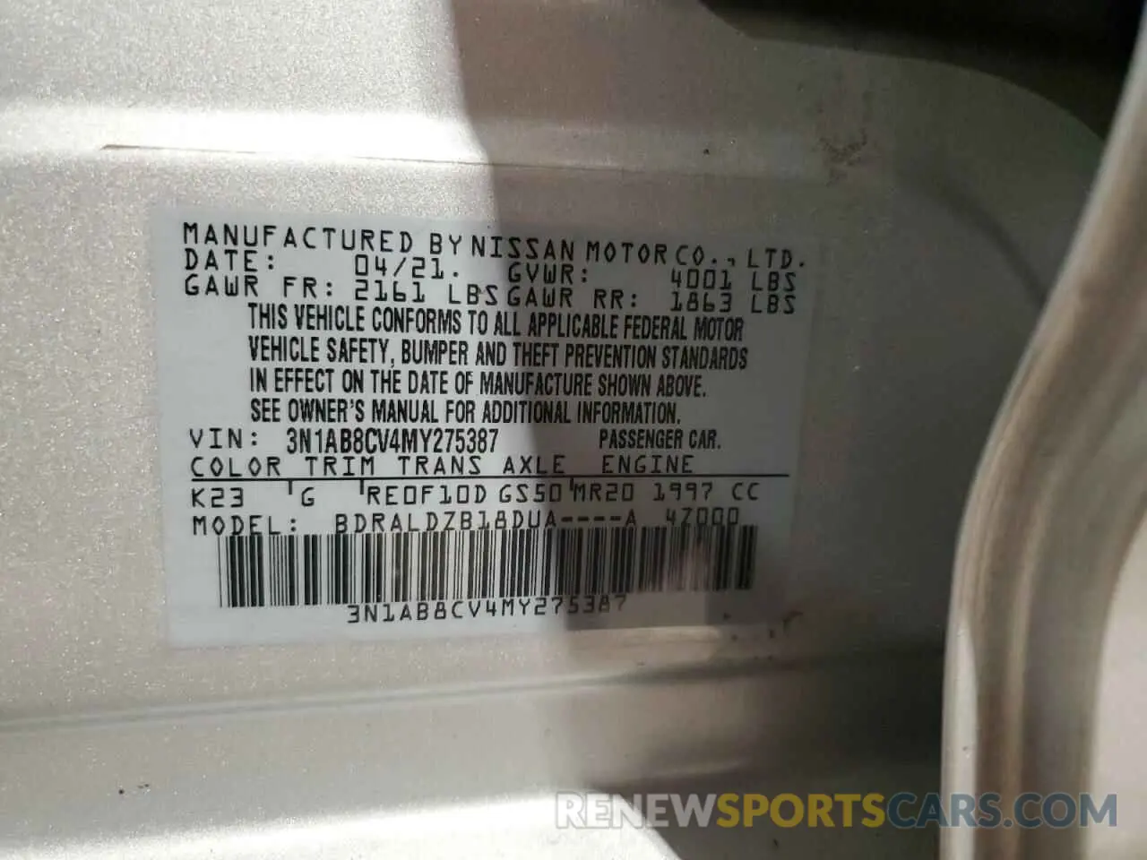 12 Photograph of a damaged car 3N1AB8CV4MY275387 NISSAN SENTRA 2021