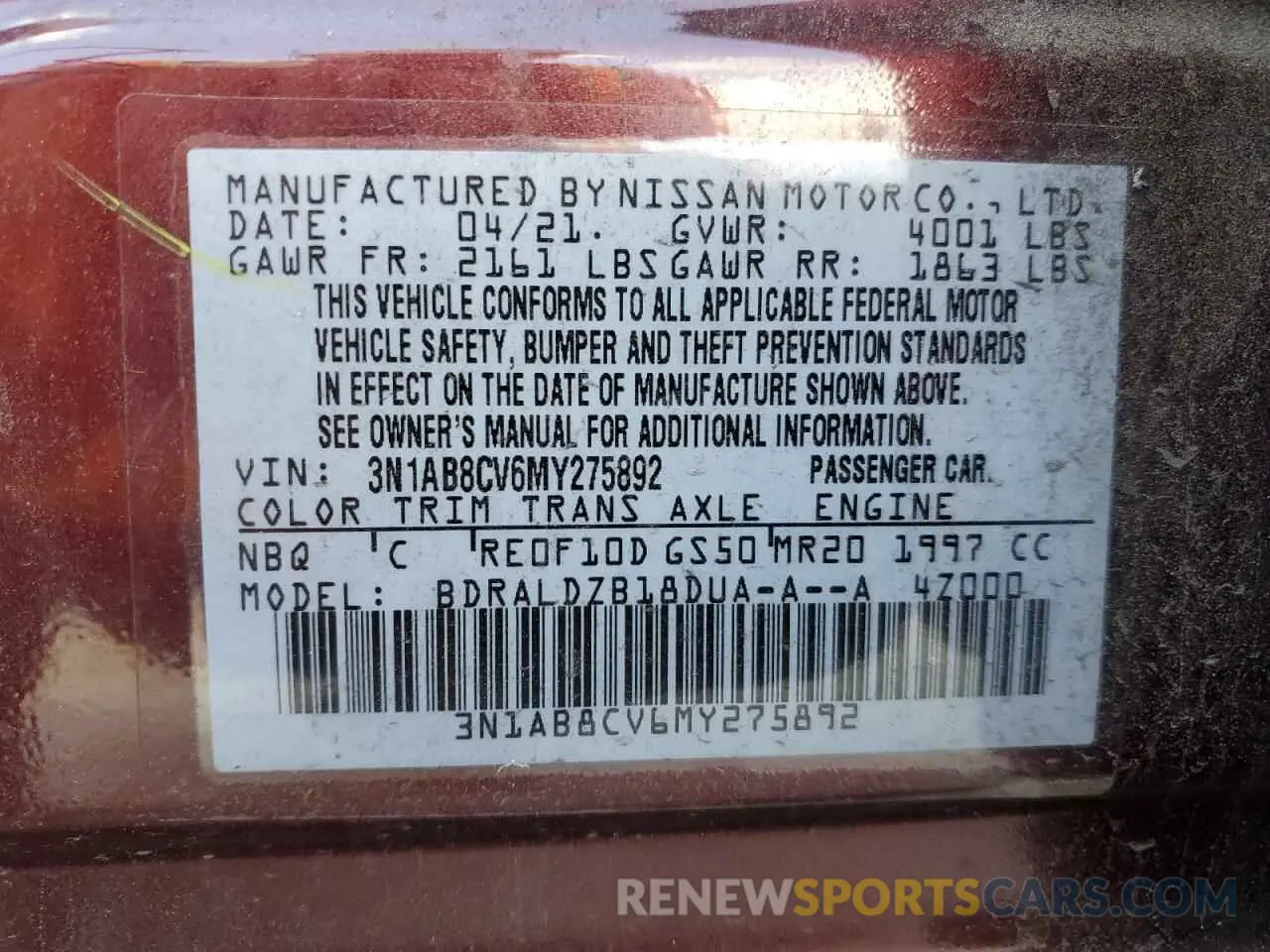 12 Photograph of a damaged car 3N1AB8CV6MY275892 NISSAN SENTRA 2021