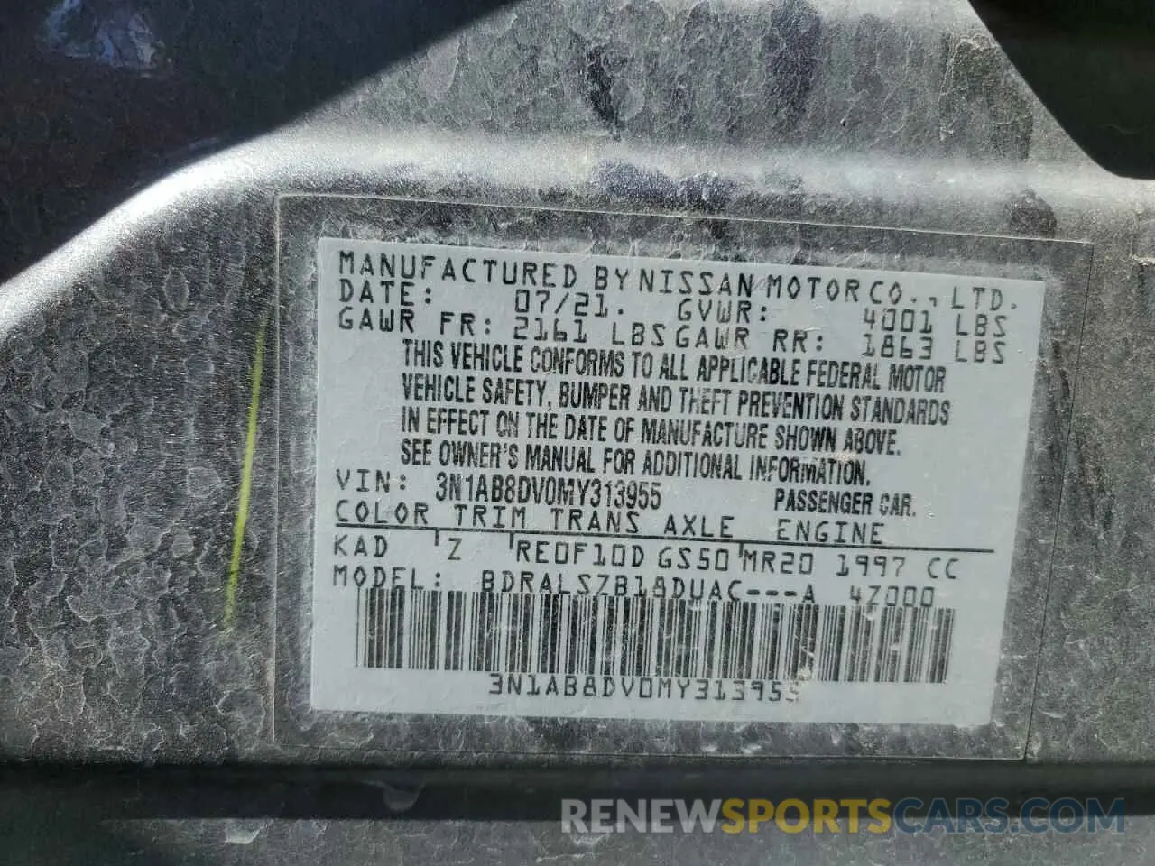 12 Photograph of a damaged car 3N1AB8DV0MY313955 NISSAN SENTRA 2021
