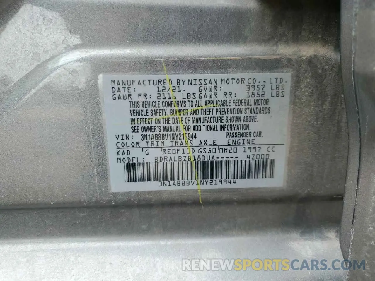 14 Photograph of a damaged car 3N1AB8BV1NY219944 NISSAN SENTRA 2022