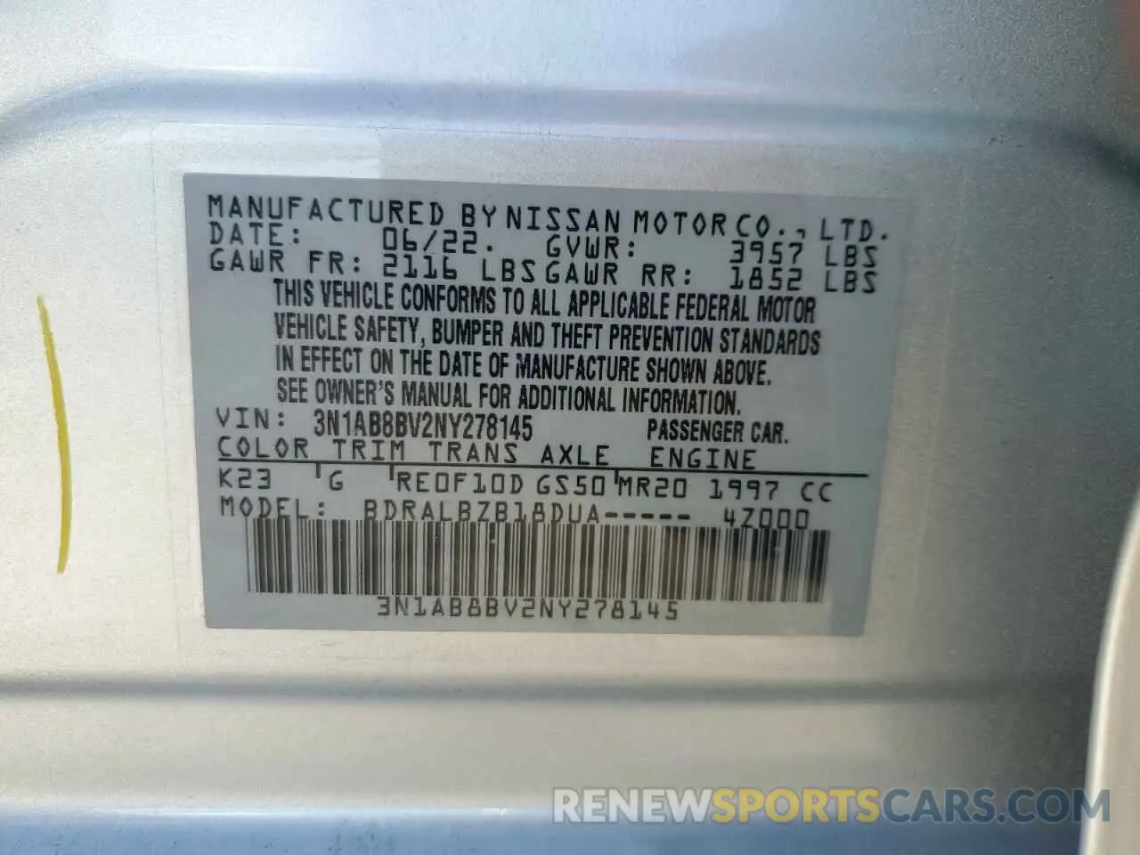 12 Photograph of a damaged car 3N1AB8BV2NY278145 NISSAN SENTRA 2022