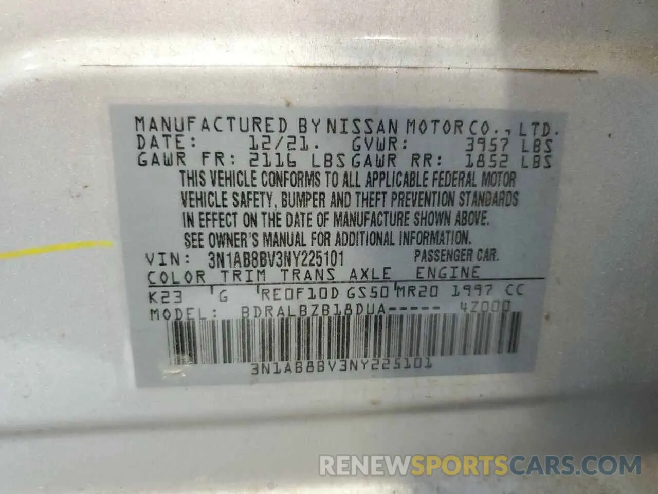 13 Photograph of a damaged car 3N1AB8BV3NY225101 NISSAN SENTRA 2022