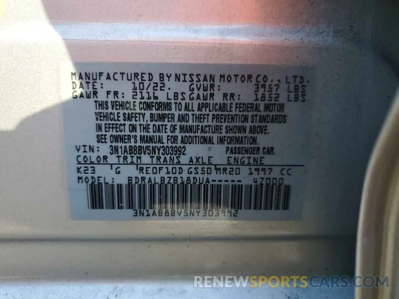 14 Photograph of a damaged car 3N1AB8BV5NY303992 NISSAN SENTRA 2022