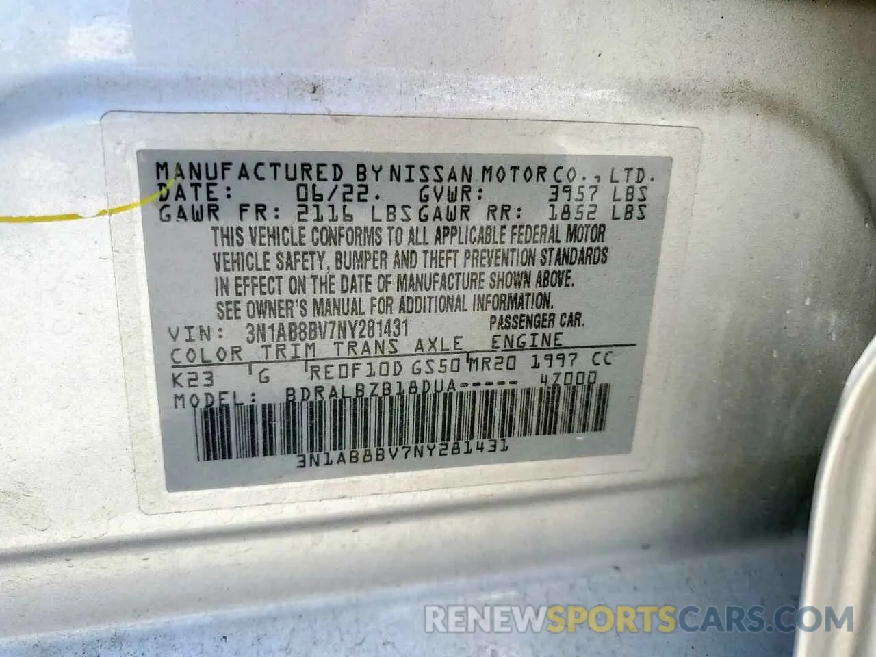 13 Photograph of a damaged car 3N1AB8BV7NY281431 NISSAN SENTRA 2022