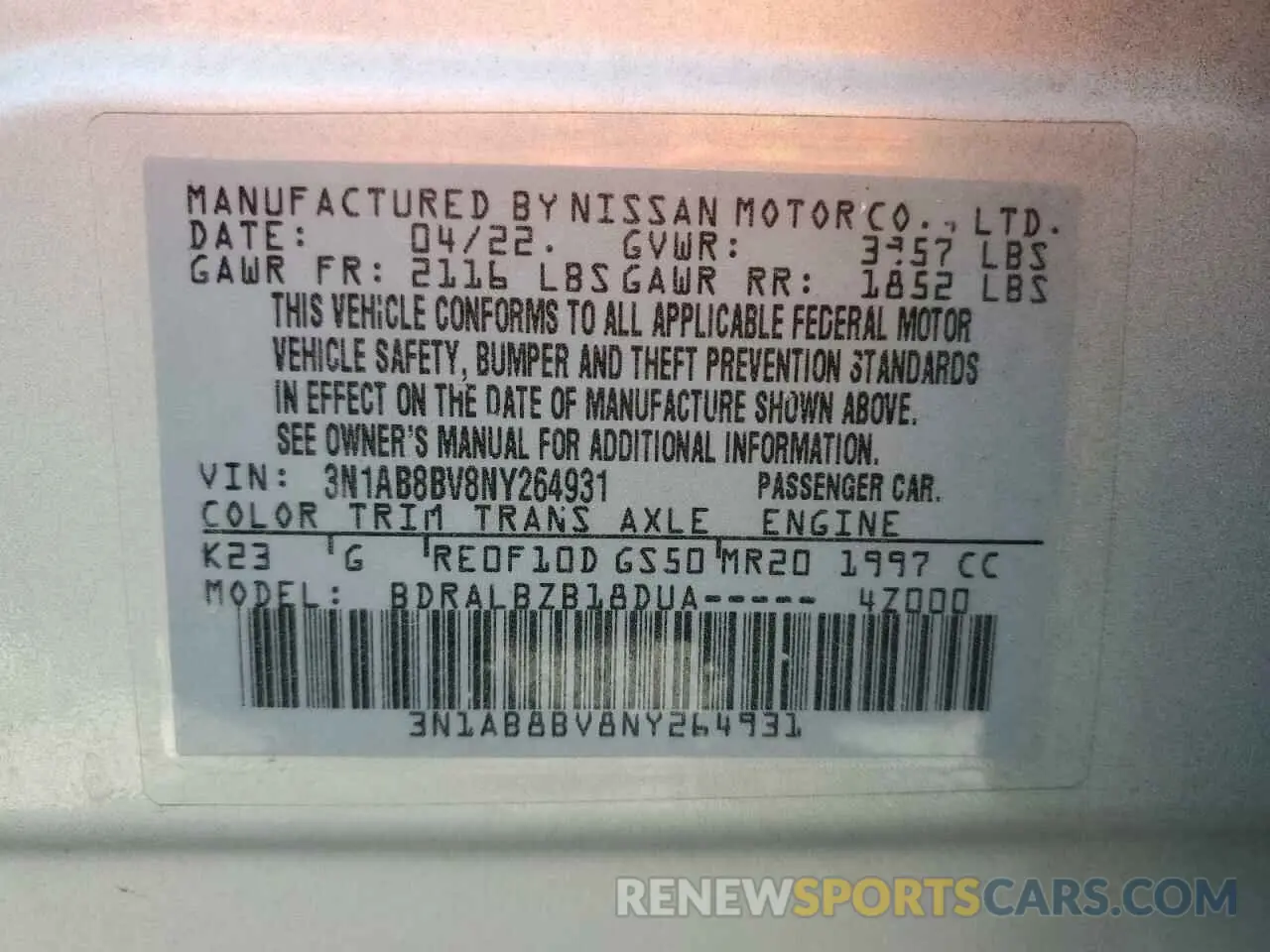 12 Photograph of a damaged car 3N1AB8BV8NY264931 NISSAN SENTRA 2022