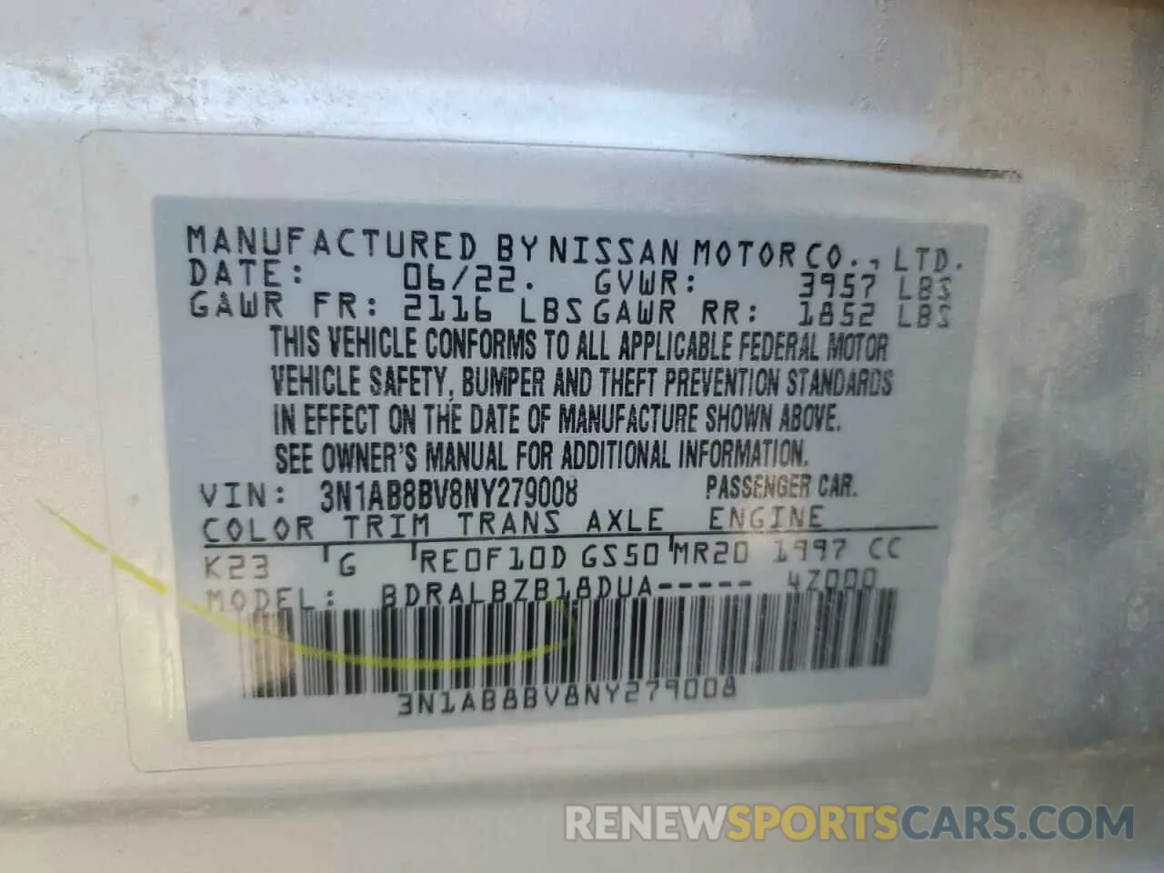 12 Photograph of a damaged car 3N1AB8BV8NY279008 NISSAN SENTRA 2022