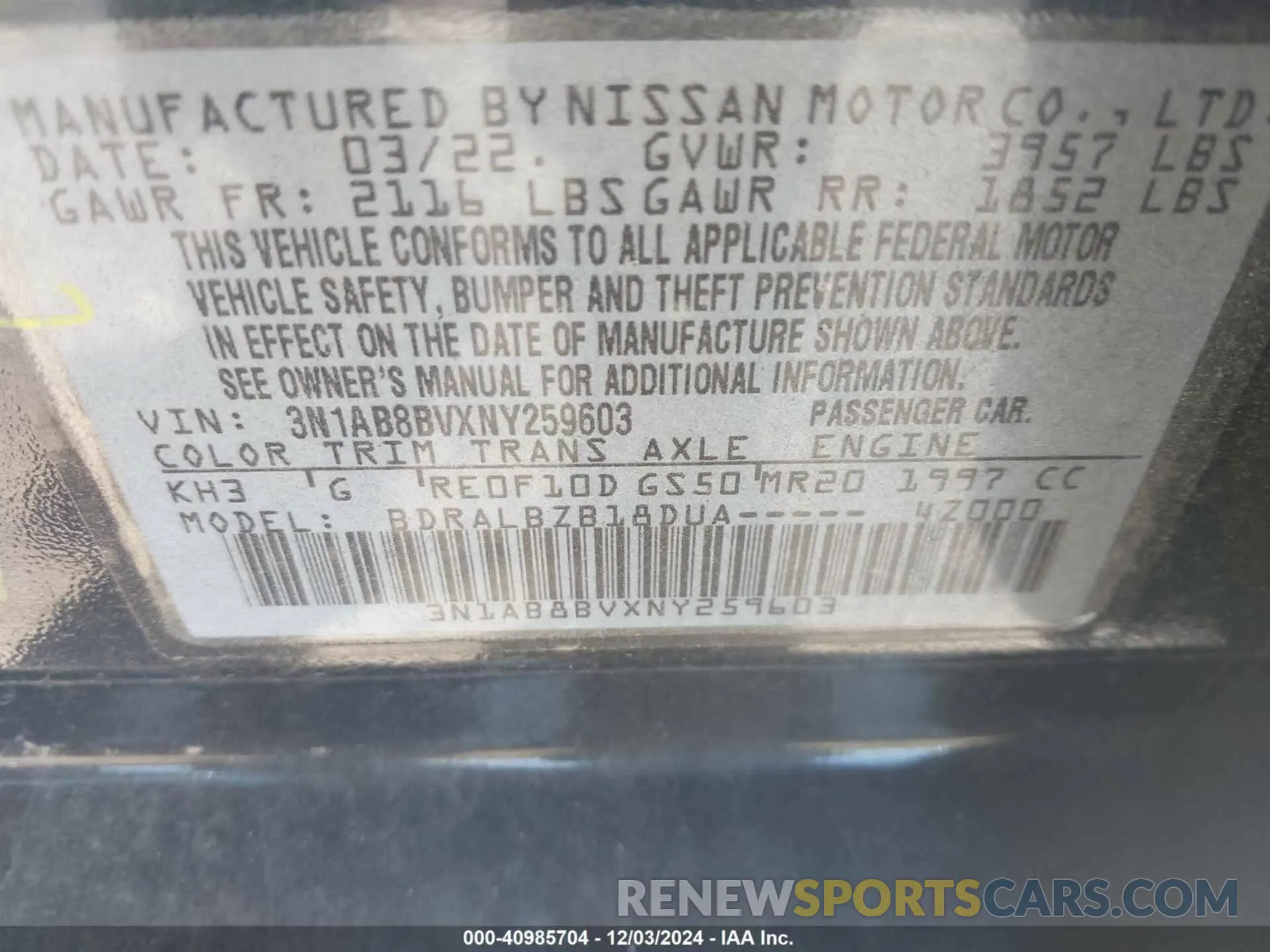 9 Photograph of a damaged car 3N1AB8BVXNY259603 NISSAN SENTRA 2022