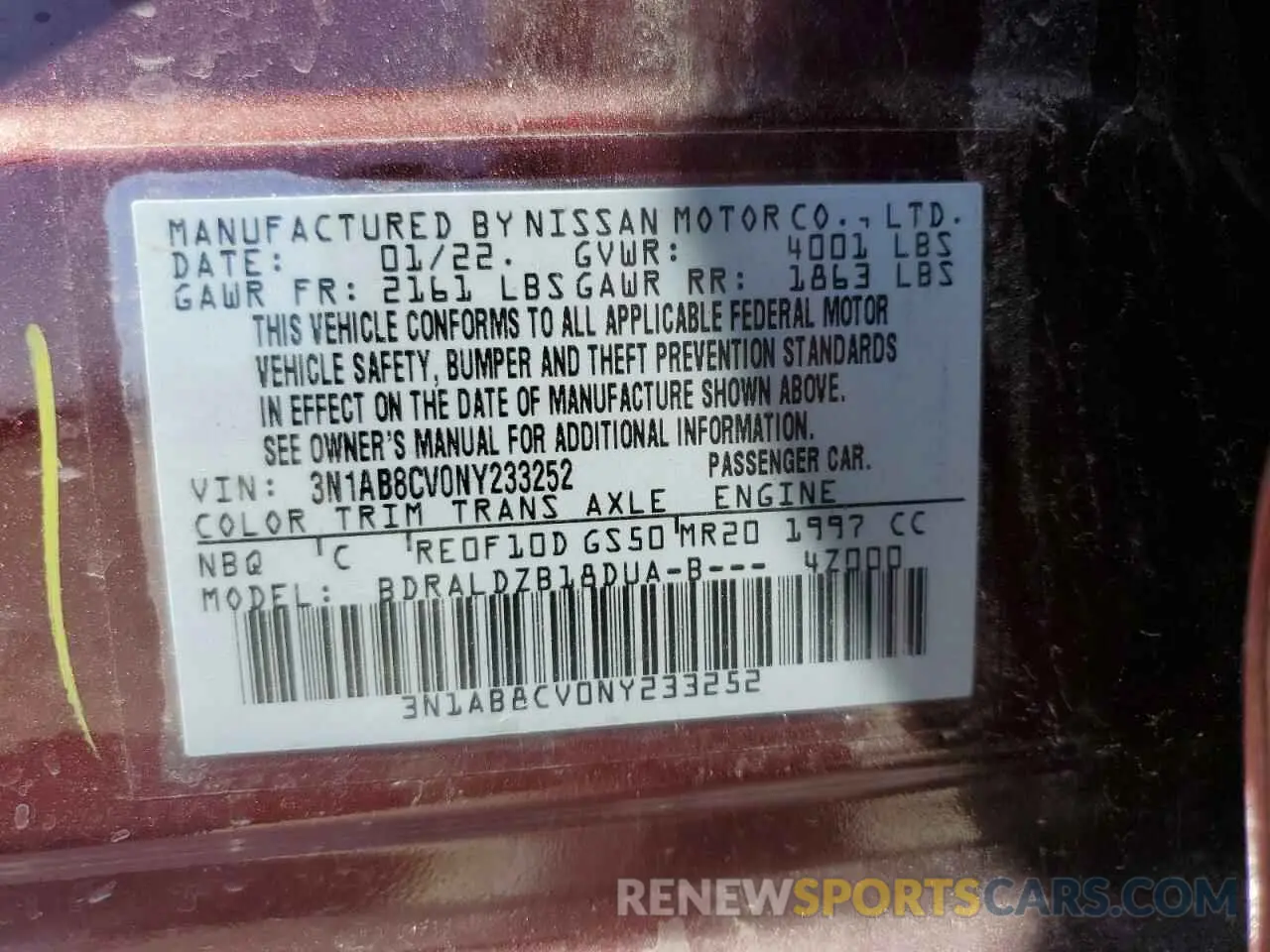 13 Photograph of a damaged car 3N1AB8CV0NY233252 NISSAN SENTRA 2022