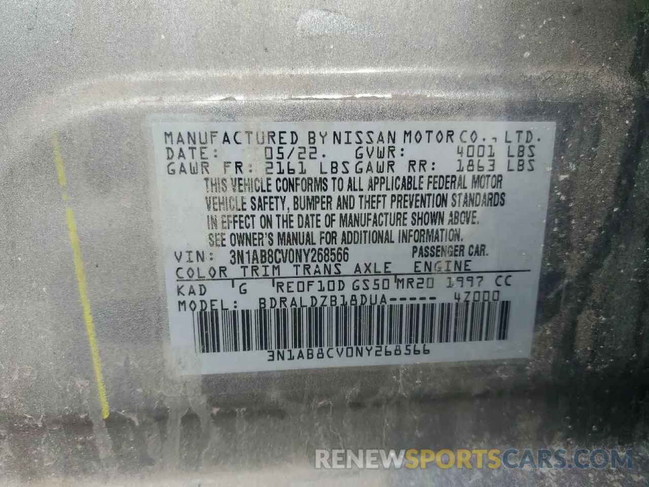 13 Photograph of a damaged car 3N1AB8CV0NY268566 NISSAN SENTRA 2022