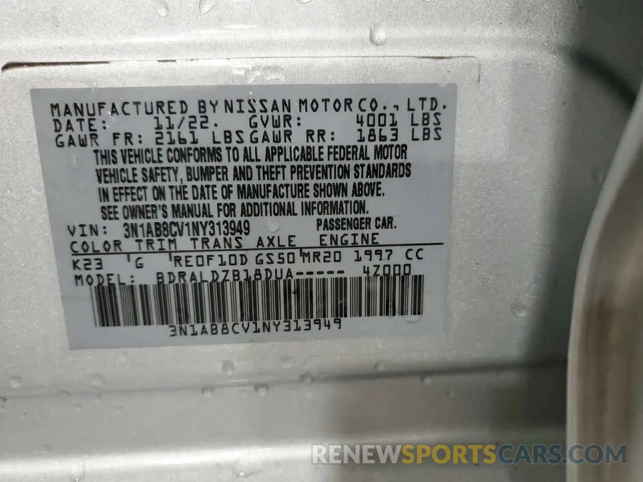 13 Photograph of a damaged car 3N1AB8CV1NY313949 NISSAN SENTRA 2022