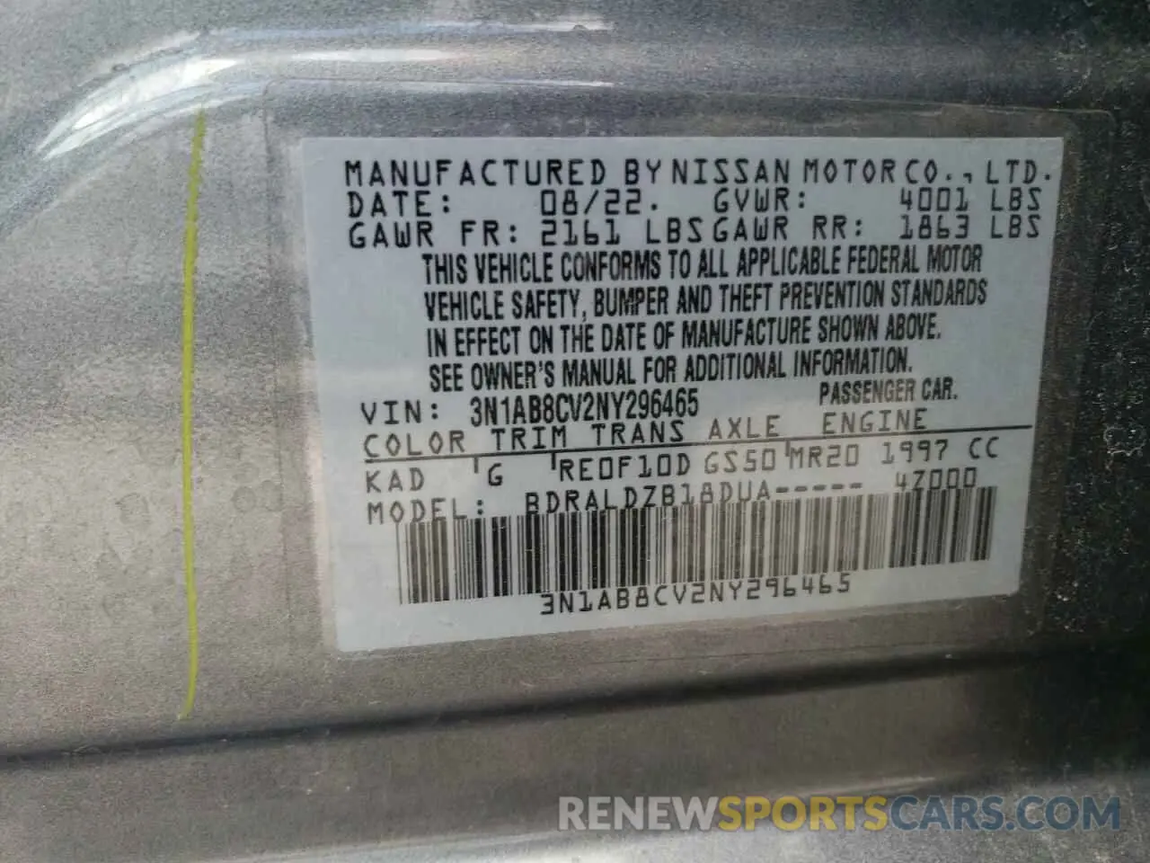 14 Photograph of a damaged car 3N1AB8CV2NY296465 NISSAN SENTRA 2022