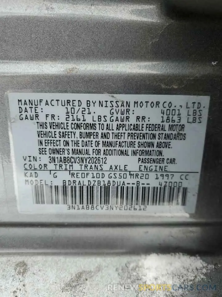 13 Photograph of a damaged car 3N1AB8CV3NY202612 NISSAN SENTRA 2022