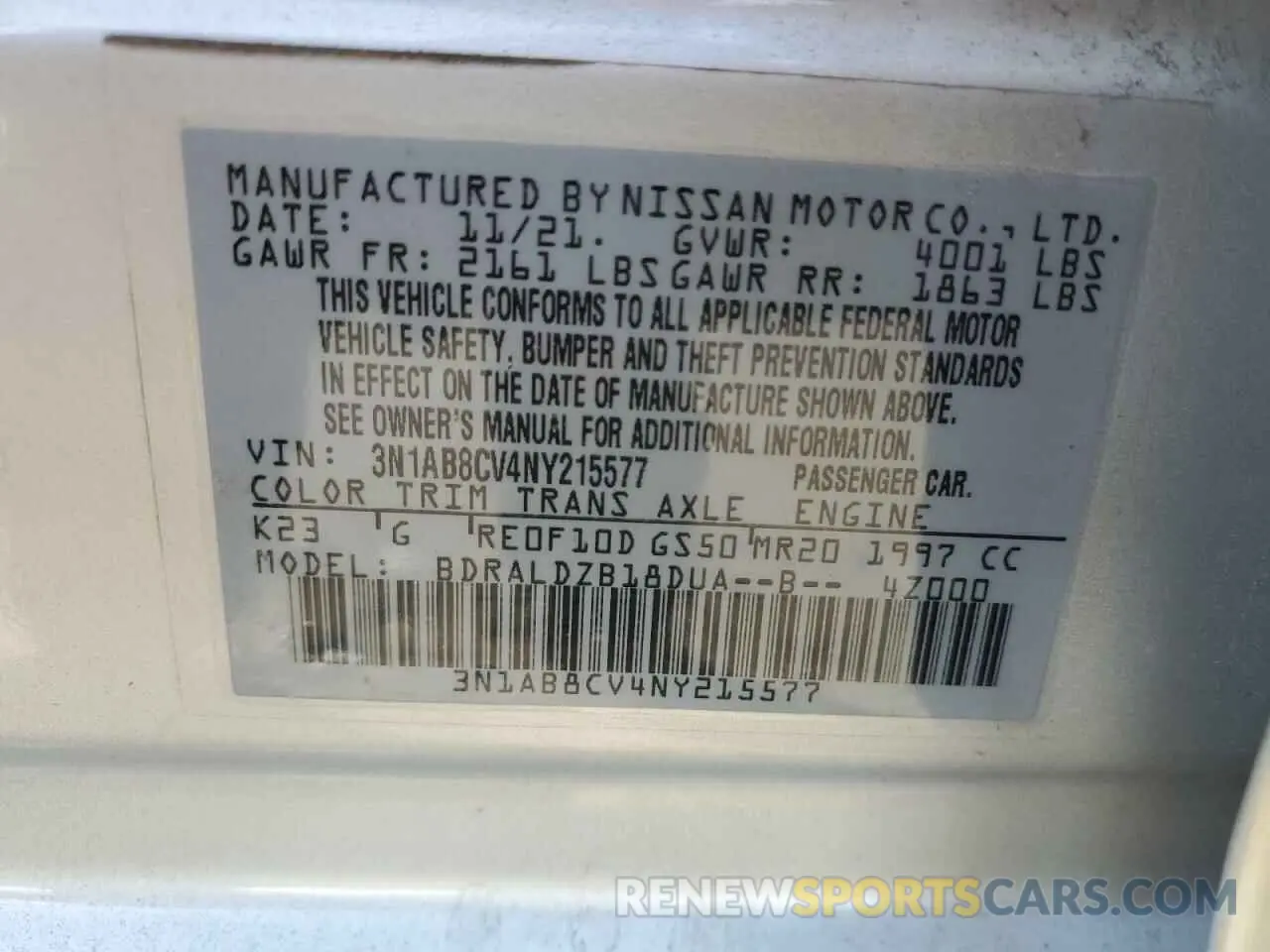 12 Photograph of a damaged car 3N1AB8CV4NY215577 NISSAN SENTRA 2022