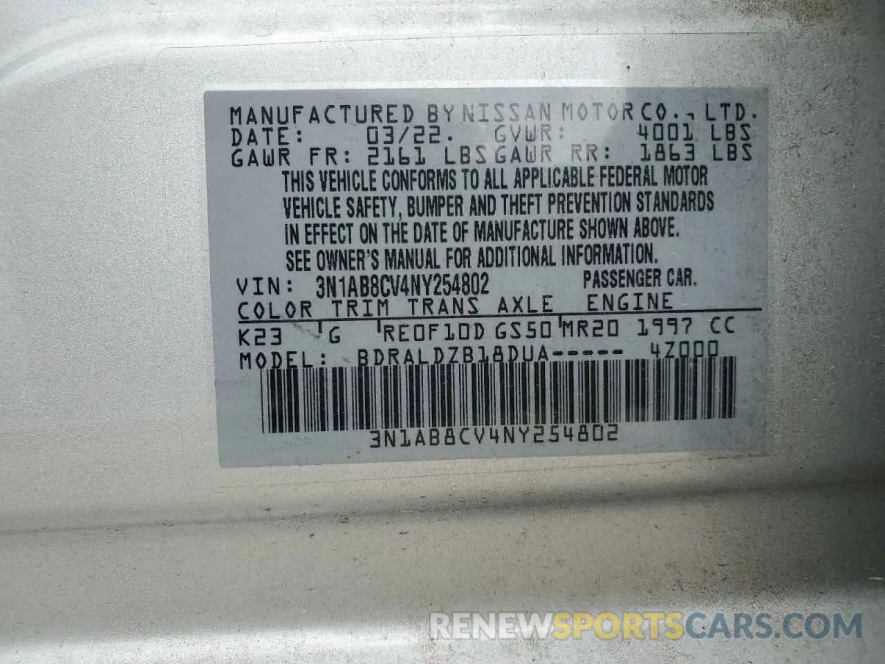 12 Photograph of a damaged car 3N1AB8CV4NY254802 NISSAN SENTRA 2022