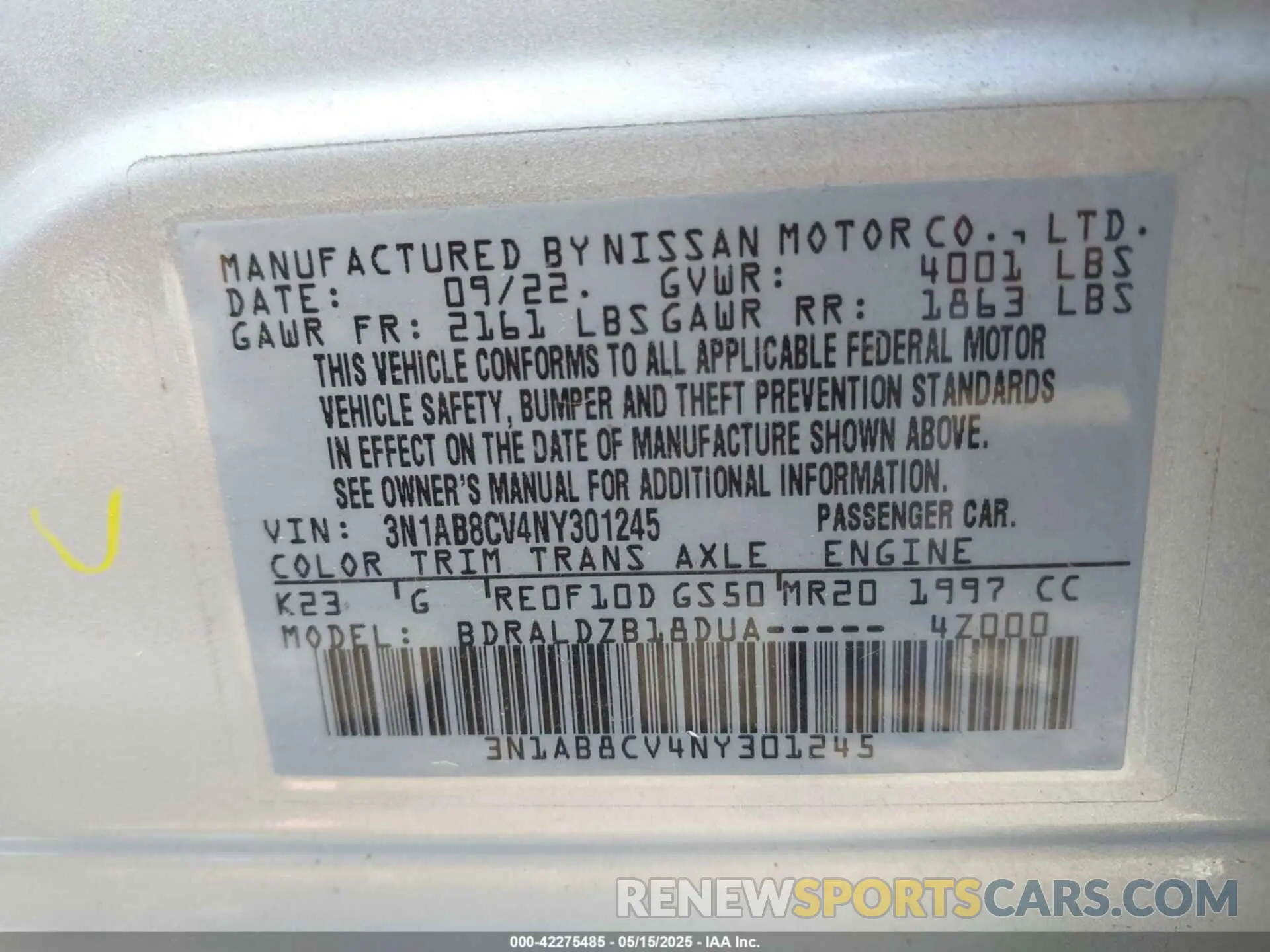 9 Photograph of a damaged car 3N1AB8CV4NY301245 NISSAN SENTRA 2022