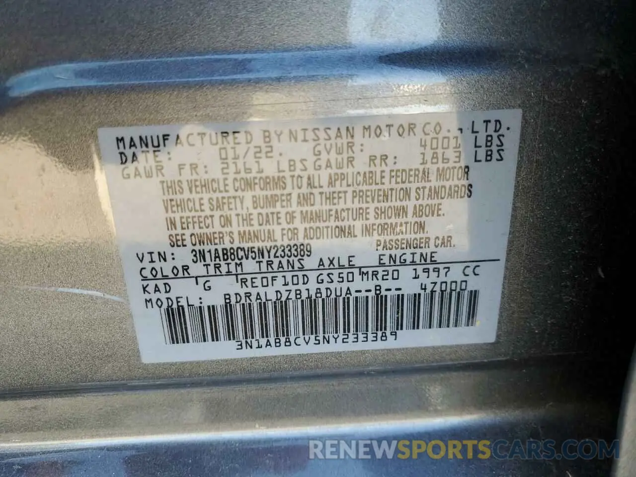 12 Photograph of a damaged car 3N1AB8CV5NY233389 NISSAN SENTRA 2022