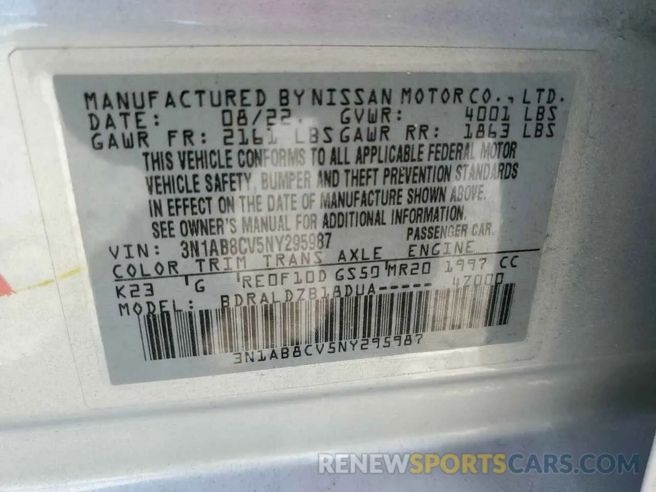 12 Photograph of a damaged car 3N1AB8CV5NY295987 NISSAN SENTRA 2022