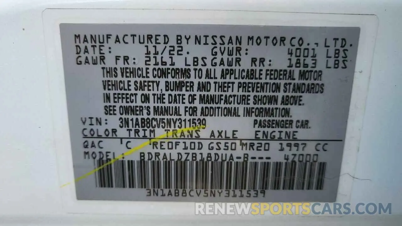 10 Photograph of a damaged car 3N1AB8CV5NY311539 NISSAN SENTRA 2022